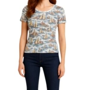 Nine West Blue Linen Boat Green Coastal Yellow Red Cap Sleeve White Top 4